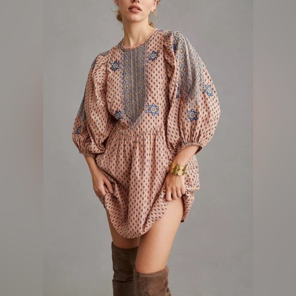 ANTHROPOLOGIE  Embroidered Cotton  Boho Mini Tunic Dress SZ 6 - Picture 6 of 17